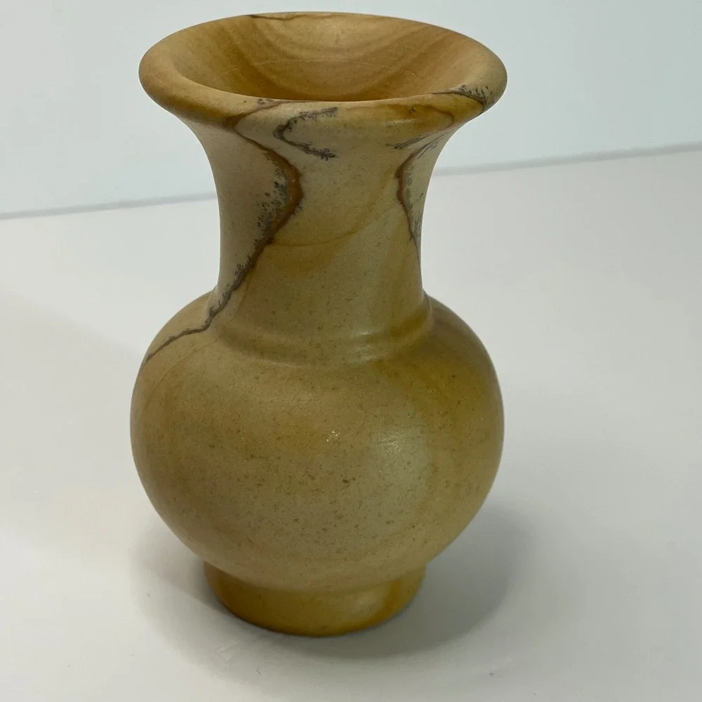 Vintage Miniature Picture Sandstone Bud Vase Hand Carved Natural Stone 3.5 Inch